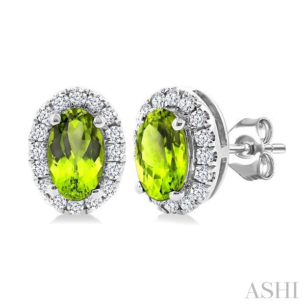White Gold Oval Peridot Halo Diamond Earrings SVS Fine Jewelry Oceanside, NY