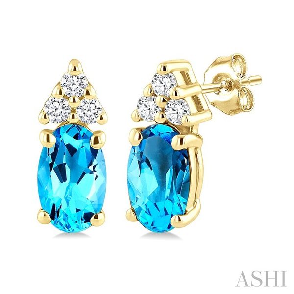 Yellow Gold Oval Blue Topaz & Diamond Earrings SVS Fine Jewelry Oceanside, NY