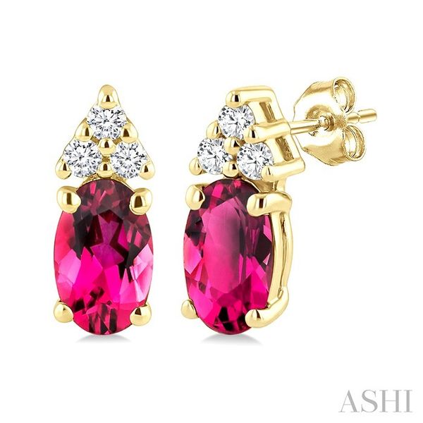 Yellow Gold Oval Pink Tourmaline & Diamond Earrings SVS Fine Jewelry Oceanside, NY
