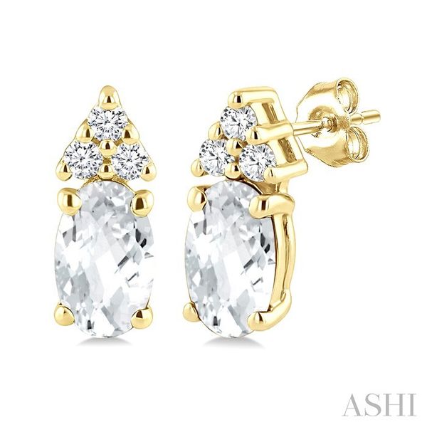 Yellow Gold Oval White Topaz & Diamond Earrings SVS Fine Jewelry Oceanside, NY