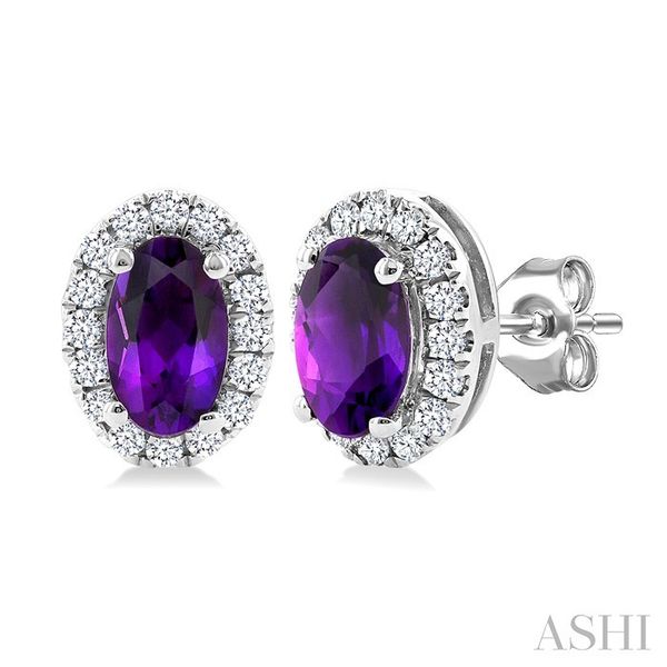 White Gold Oval Amethyst Halo Diamond Earrings SVS Fine Jewelry Oceanside, NY
