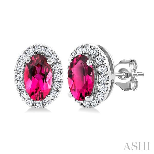 White Gold Oval Pink Tourmaline Halo Diamond Earrings SVS Fine Jewelry Oceanside, NY