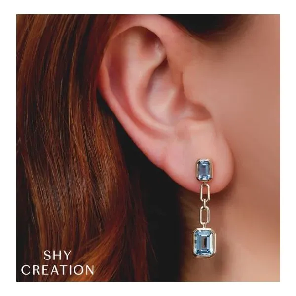 Shy Creation Yellow Gold Blue Topaz Earrings Image 2 SVS Fine Jewelry Oceanside, NY