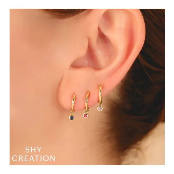 Shy Creation Yellow Gold Pink Sapphire Huggie Earrings Image 2 SVS Fine Jewelry Oceanside, NY