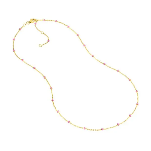 Yellow Gold Pink Enamel Bead Saturn Chain Necklace SVS Fine Jewelry Oceanside, NY