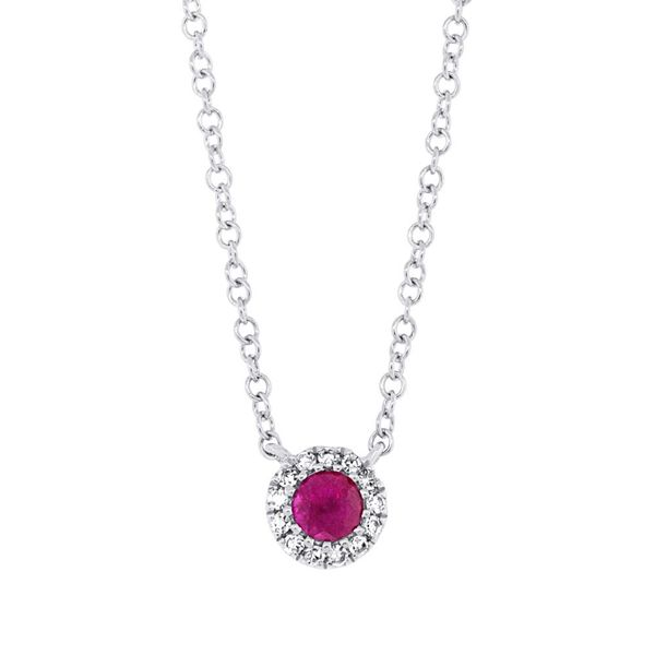 White Gold, Ruby and Diamond Halo Necklace SVS Fine Jewelry Oceanside, NY