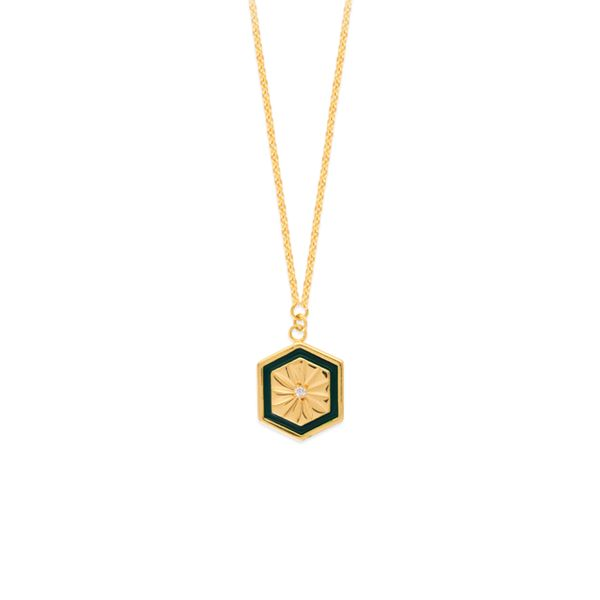 Yellow Gold Green Hexagon Medallion Necklace SVS Fine Jewelry Oceanside, NY