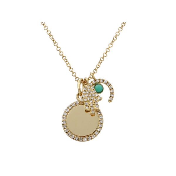 Yellow Gold Diamond Hamsa,Turquoise Horseshoe and Disc Jumble Necklace SVS Fine Jewelry Oceanside, NY