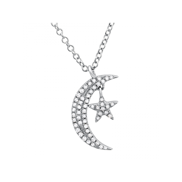 White Gold Diamond Moon & Star Necklace SVS Fine Jewelry Oceanside, NY