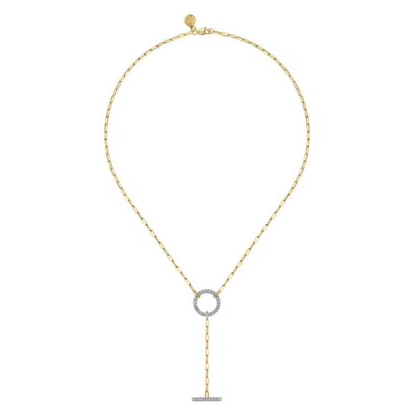 Gabriel & Co. Yellow Gold Diamond Circle and Bar Y-Knot Necklace with Hollow Paperclip Chain Image 2 SVS Fine Jewelry Oceanside, NY