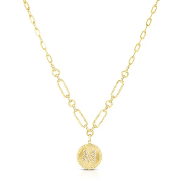 Yellow Gold Diamond Initial 'M' Medallion Necklace SVS Fine Jewelry Oceanside, NY