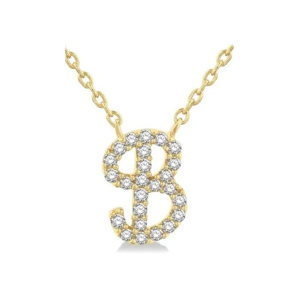 Yellow Gold Script 'B' Initial Diamond Pendant SVS Fine Jewelry Oceanside, NY