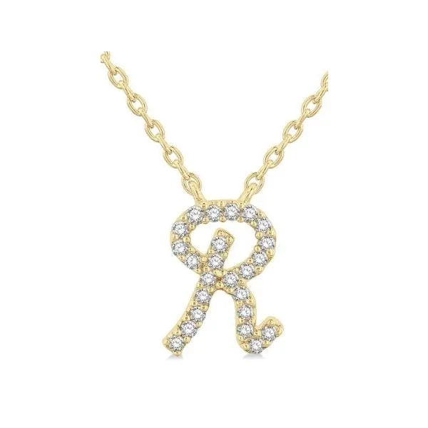 Yellow Gold Script 'R' Initial Diamond Pendant SVS Fine Jewelry Oceanside, NY