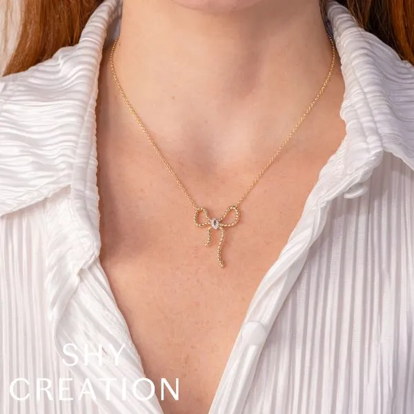 Shy Creation Yellow Gold Diamond Bow Necklace Image 2 SVS Fine Jewelry Oceanside, NY