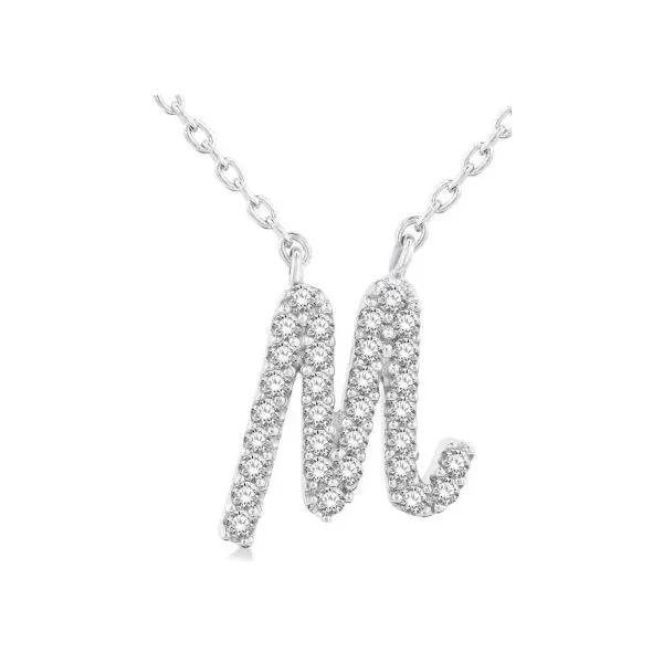 White Gold Script M Initial Diamond Pendant