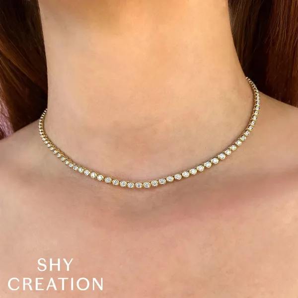 Shy Creation 14K Yellow Gold Diamond Bezel Tennis Necklace, 2cttw Image 3 SVS Fine Jewelry Oceanside, NY
