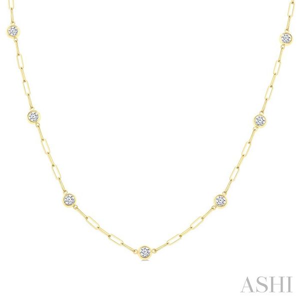 Yellow Gold Bezel Set Paperclip Diamond Station Necklace SVS Fine Jewelry Oceanside, NY