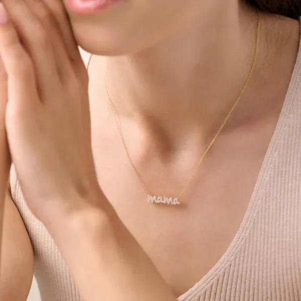 Lab Grown Diamond Yellow Gold Plated Mama Necklace Image 3 SVS Fine Jewelry Oceanside, NY