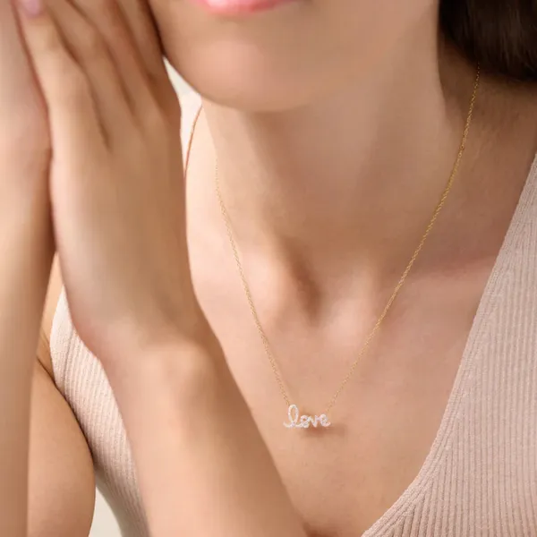 Lab Grown Diamond Yellow Gold Plated Love Necklace, .12ctw Image 2 SVS Fine Jewelry Oceanside, NY