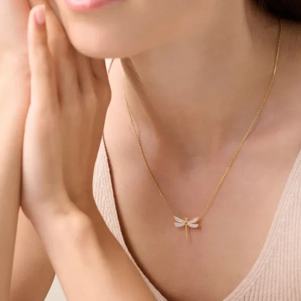 Lab Grown DIamond Yellow Gold Plated Dragonfly Necklace, ...