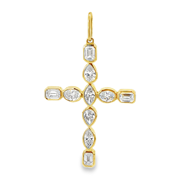 Everlee 14K Yellow Gold Multi Shape Lab Grown Diamond Bezel Cross Pendant, 2 ctw SVS Fine Jewelry Oceanside, NY
