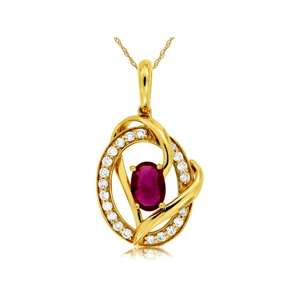 14K Yellow Gold, Diamond, and Ruby Necklace with 0.17Cttw Round Diamonds and a 0.56Ct Ruby on a 18