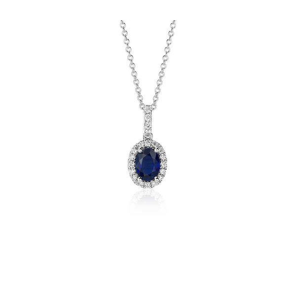 White Gold, Diamond, & Sapphire Halo Pendant SVS Fine Jewelry Oceanside, NY