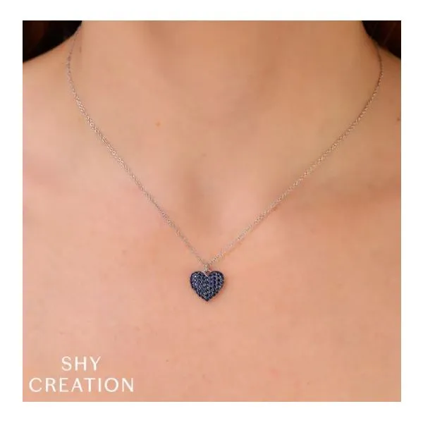 Shy Creation White Gold Sapphire Pave Heart Necklace Image 2 SVS Fine Jewelry Oceanside, NY