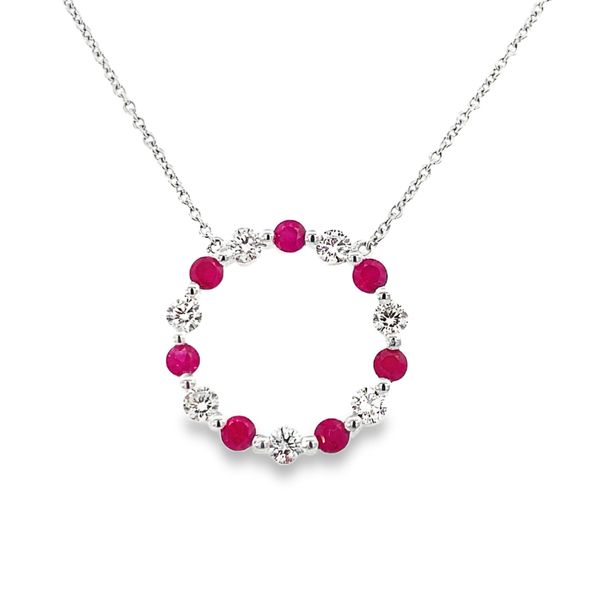 Ruby & Diamond Circle Pendant Necklace SVS Fine Jewelry Oceanside, NY