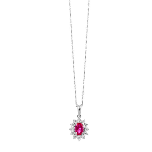 Sterling Silver, Diamond, And Created Ruby Necklace SVS Fine Jewelry Oceanside, NY