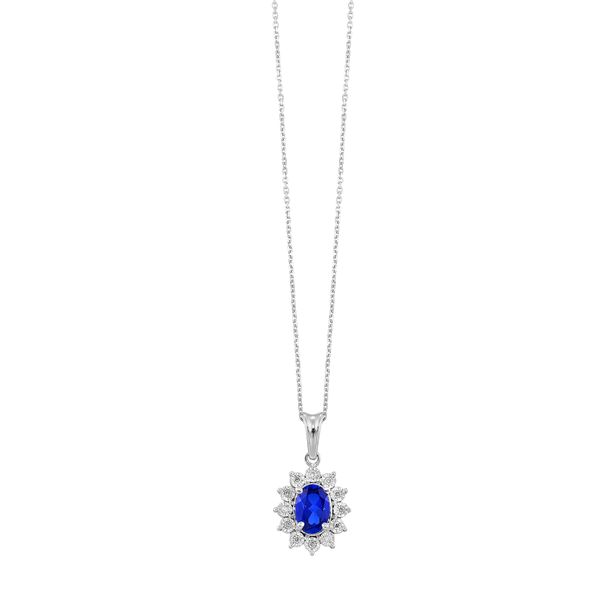 Sterling Silver, Diamond, And Created Sapphire Necklace SVS Fine Jewelry Oceanside, NY