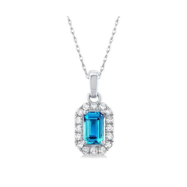 White Gold Blue Topaz & Diamond Halo Pendant SVS Fine Jewelry Oceanside, NY