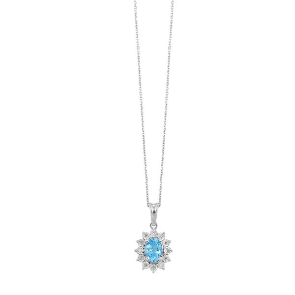 Sterling Silver, Diamond, And Blue Topaz Halo Necklace SVS Fine Jewelry Oceanside, NY