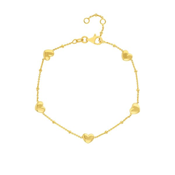 Yellow Gold Puffed Heart Stations Saturn Chain Bracelet SVS Fine Jewelry Oceanside, NY