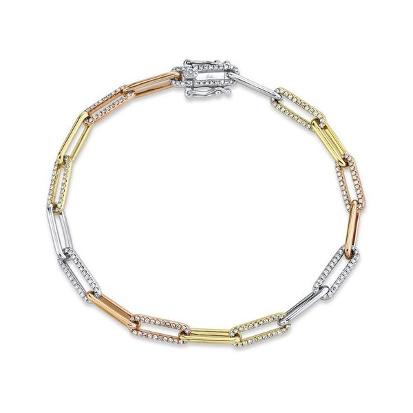 Shy Creation Yellow, White, Rose Gold, & Diamond Paperclip Link Bracelet SVS Fine Jewelry Oceanside, NY