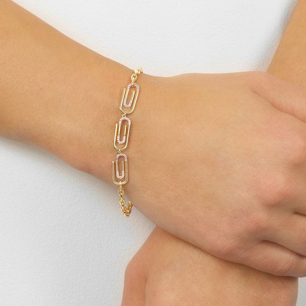 Yellow Gold Diamond Accented Paperclip Bracelet. Features 1/7 ctw of diamonds. Image 2 SVS Fine Jewelry Oceanside, NY