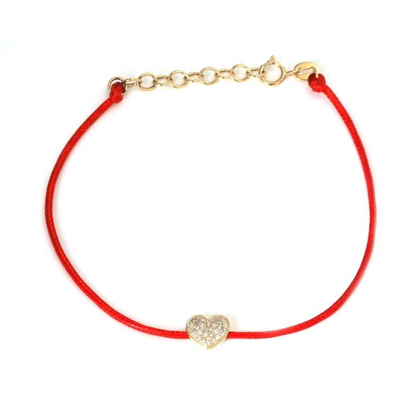 Yellow Gold And Red Cord Diamond Heart Bracelet SVS Fine Jewelry Oceanside, NY