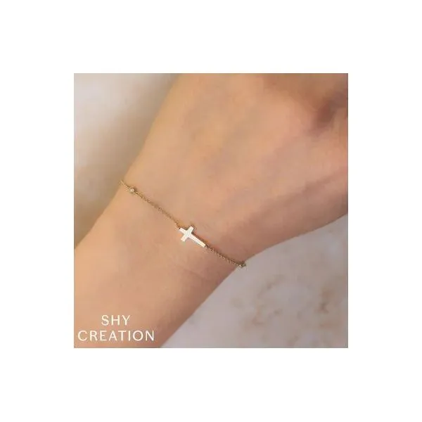 Shy Creation Yellow Gold Diamond Bezel Cross Bracelet