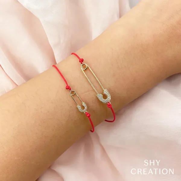 Shy Creation 14K Yellow Gold Diamond Safety Pin Red String Bracelet, 0.10cttw Image 2 SVS Fine Jewelry Oceanside, NY