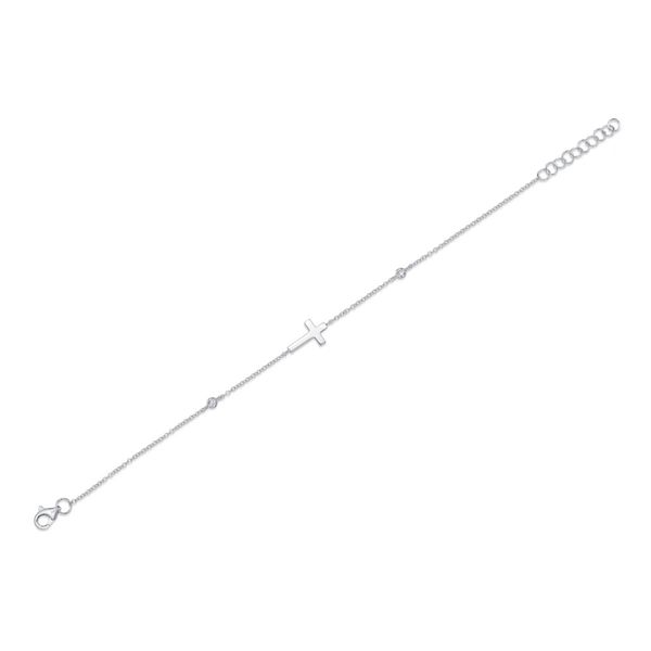 Shy Creation diamond station cross bracelet in 14K white gold, angled view