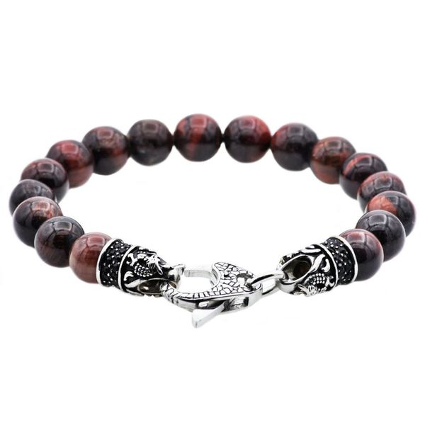 Mens Genuine Red Tiger Eye Stainless Steel Beaded Bracelet With Black Cubic Zirconia SVS Fine Jewelry Oceanside, NY