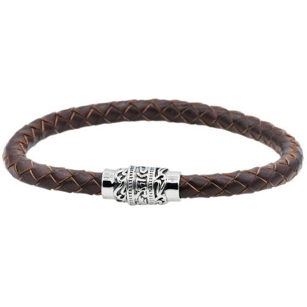 Mens Brown Leather And Stainless Steel Bracelet SVS Fine Jewelry Oceanside, NY