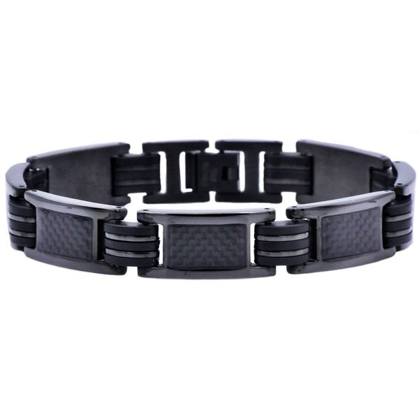 Mens Black Rubber And Black Plated Stainless Steel Braceclet With Carbon Fiber SVS Fine Jewelry Oceanside, NY