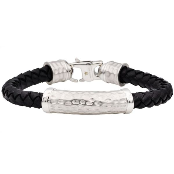 Men's Black Leather Hammered Stainless Steel Bracelet SVS Fine Jewelry Oceanside, NY