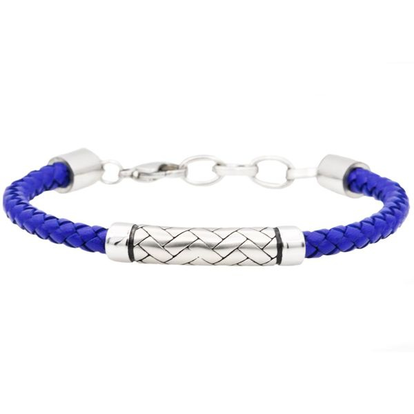 Men's Blue Leather Stainless Steel Bracelet SVS Fine Jewelry Oceanside, NY