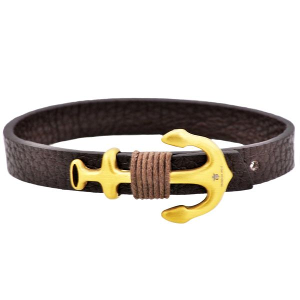 Men's Brown Leather Gold Plated Stainless Steel Anchor Bracelet With Adjustable Strap SVS Fine Jewelry Oceanside, NY