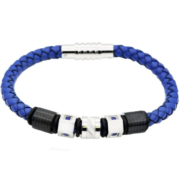 Men's Blue Leather And Stainless Steel Bracelet With Blue Cubic Zirconia SVS Fine Jewelry Oceanside, NY