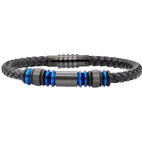 Men's Black Leather Blue Plated Stainless Steel Bracelet SVS Fine Jewelry Oceanside, NY