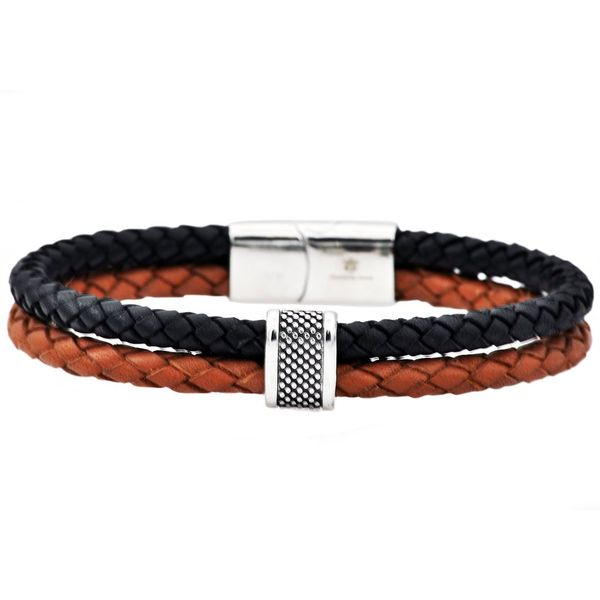 Men's Black And Brown Leather Stainless Steel Bracelet SVS Fine Jewelry Oceanside, NY