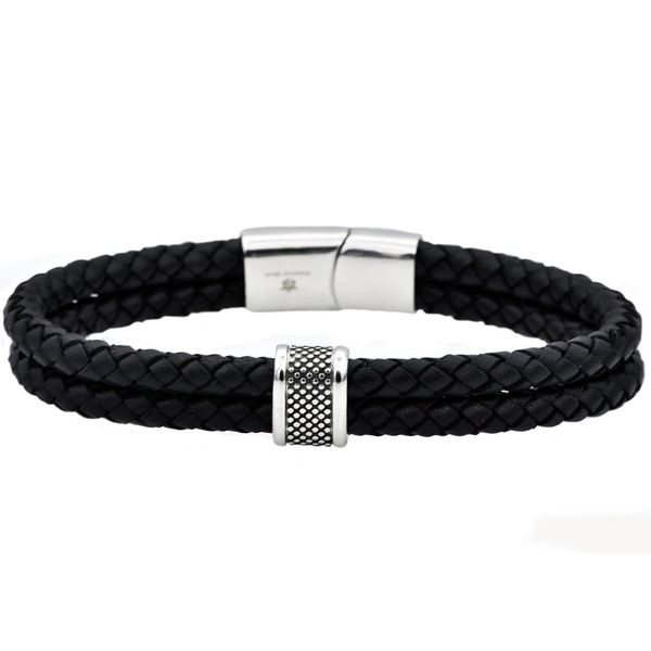 Men's Black Leather Stainless Steel Bracelet SVS Fine Jewelry Oceanside, NY